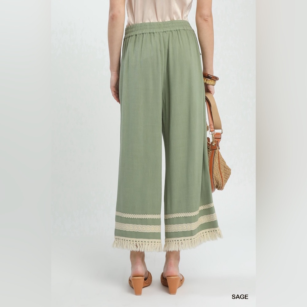 Umgee Lace Trim Fringe Hem Wide Leg Pants - Picture 2 of 6